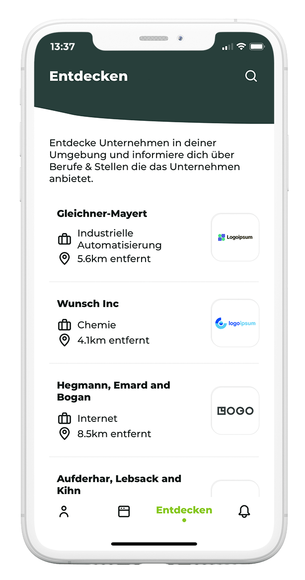 beAzubi - App - Entdecken von Unternehmen innerhalb der App